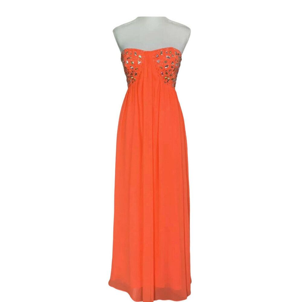 MORGAN & CO Strapless Neon orange Evening Gown dress Rhinestone Formal Sz 7/8